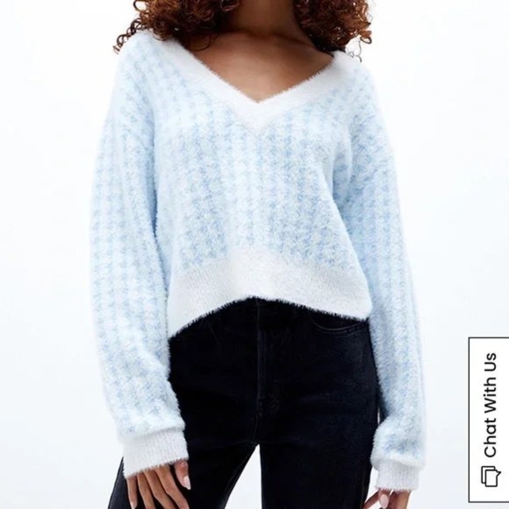 PacSun LA Hearts Women's V Neck Blue White Houndstooth Fuzzy Sweater XS